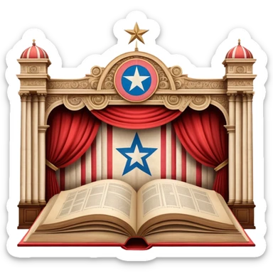 Vintage open book centered on elaborate theater scenography sketches, technical drawings of stage elements, set models on parchment pages, Puerto Rican flag elements throughout the designs sticker