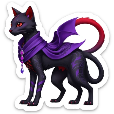 Kawaii feral, four-legged gothic dark badass black, red, purple, beautiful pretty elegant divine edgy feline-vernid-sergal-fursona-animal-creature, full body, with intricate detailed markings, silken shawl sticker