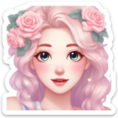 Gorgeous pastel anime style lady with blushing face and roses cottagecore fairycore pastelcore shiny colorful pearly aesthetic trending style sticker