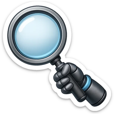 Add a robotic arm holding the magnifying glass, keep metallic textures and glowing blue accents, in emoji style with no background. The style should resemble apple style emojis with a clean and polished look, focusing on metallic and glowing blue details. sticker