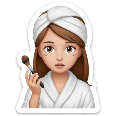 Girl with brown hair in white dressing gown and white towel wrapped in her head doing her makeup sticker