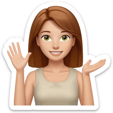 emoji of a confident woman named Freya McOmish, smiling, hazel green eyes, long straight hair with a middle part, subtle freckles, modern casual style, broad shoulders, wearing a white sleeveless deep square neck top, waving sticker