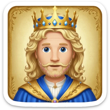1 Middle-aged white king, 40 years old, blond hair, blond beard, long curly hair, blue eyes, kind and benevolent vibe, gentle smile, wearing a crown and blue robe emoji sticker
