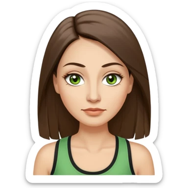 43 year old Adult woman avatar, light skin tone, long, oval face, long straight ashy brown hair, green almond-shaped eyes with dramatic eyelashes and minimal eyeliner, neutral mouth, medium straight eyebrows, average nose, smooth skin, high-neck tank top  sticker