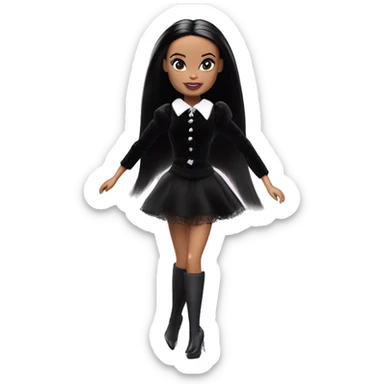  Bunny Wednesday Addams Barbie dancing.  Pretty face. Longer hair, short black flowing strapless evening gown with  plunging neckline that’s off-the-shoulders that also shows her legs and black shiny velvet high heel shoes. sticker