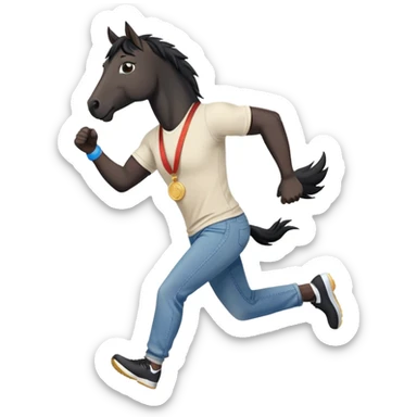 friendly anthropomorphised black stallion in jeans and a t-shirt, jogging upright in relaxed pose, holding a medal sticker