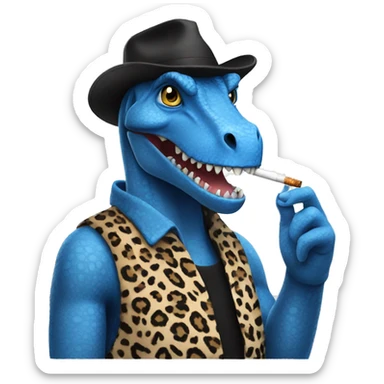 A blue dinosaur, a square hairstyle, smokes a cigarette in a leopard hat sticker