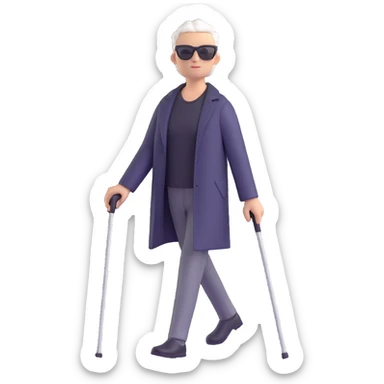 A blind person walking outdoors during the day, holding a single white cane in one hand. The person is wearing sunglasses and walking confidently. Emphasize that there is only one cane sticker