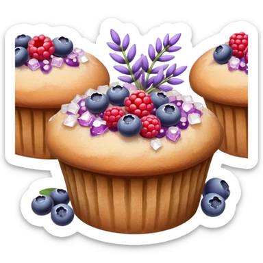 Lavender flower sprigs on a muffin with berries and sugar crystals without frosting  sticker