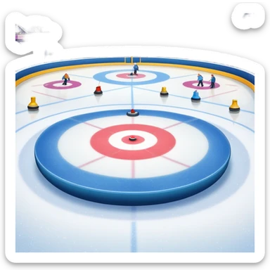 please, An icon featuring the curling rink, with its distinctive circles, and a vibrant crowd in the stands. Snowflakes fall outside the arena, and bright lights illuminate the ice. a curling stone sliding across the ice, with a broom nearby. Transparent background. sticker