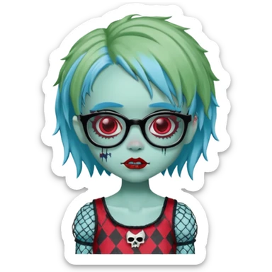 Ghoulia yelps monster high doll in scene/emo style cherry print dress with fishnet sleeves, clothes, thin, small, red, rectangle glasses, pale white-blue skin, pale-green short shaggy hair , zombie scars , boy sticker