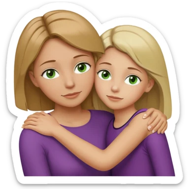 Mom daughter hugging, mom has light brown hair to collarbone and green eyes and is white with tan skin, daughter has dirty blonde hair to upper back with hazel eyes and is white with tan skin sticker