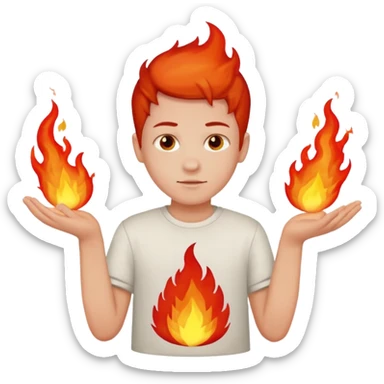 A boy with no hands fire instead made out of red fire and the boy is wearing a shirt that says FIRE C sticker