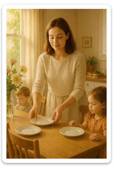 "Donna tra i 30 e i 40 anni, all’interno della sua casa luminosa, mentre prepara la tavola o accudisce i figli con un’espressione dolce e serena. Indossa abiti semplici e curati, simbolo di cura e presenza. Sullo sfondo si vedono dettagli di una casa armoniosa: fiori freschi, libri per bambini, un pranzo in preparazione. La scena trasmette calore, dedizione e stabilità familiare. Elementi visivi di supporto: luce solare che entra dalla finestra, atmosfera calda e rassicurante. Stile realistico con toni caldi e tenui sticker