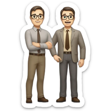 To belt Actively gesturing with hands Pale skinned fit man teacher with dark brown hair in gray jacket, beige office shirt, brown tie, brown pants and vintage glasses. sticker