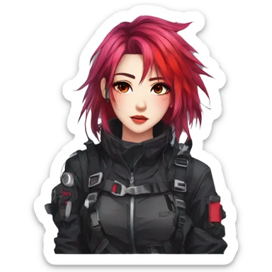 Gorgeous bright colorful techwear anime style lady with blushing face aesthetic and pretty edgy black red punk messy hair with collar and harness trending style sticker
