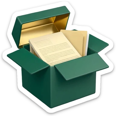 3D minimal open box with papers and documents floating out, matte finish, deep green (#0B3D2C) box, cream (#F5F5DC) papers, gold (#C9B037) subtle glow, Apple style, clean and premium, soft shadow, transparent background sticker