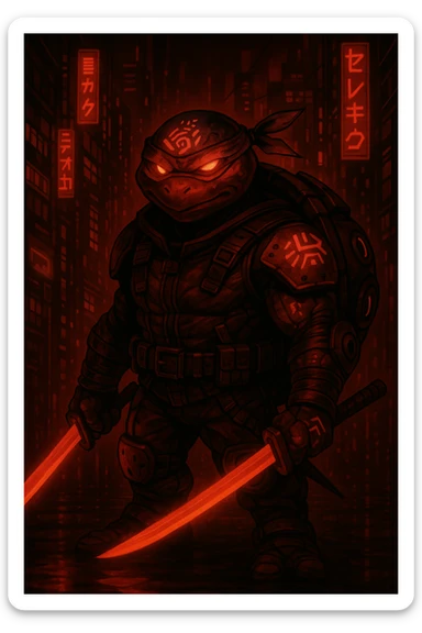 Change the color scheme to red and black while keeping the neon-lit dystopian city background vibrant. Ensure the character's tribal markings and tech details remain visible and clear in the image. sticker
