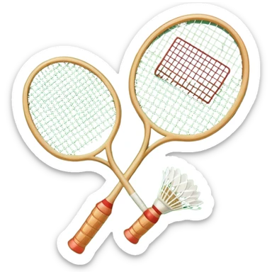 Two crossed badminton rackets with a shuttlecock resting in between, set against the faint outline of a badminton court. The image highlights the tools of the sport, with a subtle emphasis on the court's net and boundaries, symbolizing competition and skill. sticker