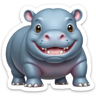 cinematic-hippo-realistic-full-body-side-view-standing-on-all-fours-emoji,-massive-round-frame,-wide-mouthed-grin-exposing-huge-teeth,-head-tilted-dramatically,-thick-greyish blue-hide-glossy, big cute eyes sticker