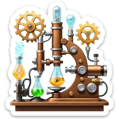science, chemicals, mechanical gears, steampunk, electronics, electric wires, light bulbs, resistors, ic, physics, microscope, nuclear model, radioactivity sticker