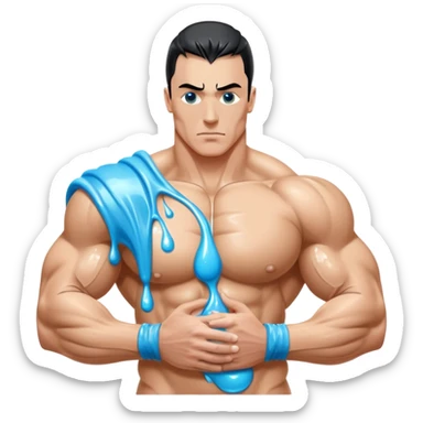 Surreal "Water Armor" concept: Bodybuilder's entire upper body made of liquid-filled latex, sloshing with movement. Distended bicep skin like overfilled condom, droplets leaking at needle puncture sites. High-shine wet look. sticker