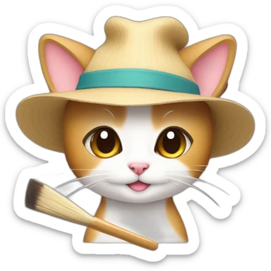 Kawaii cat artist in hat with a brush so it can be used as a mouse cursor sticker
