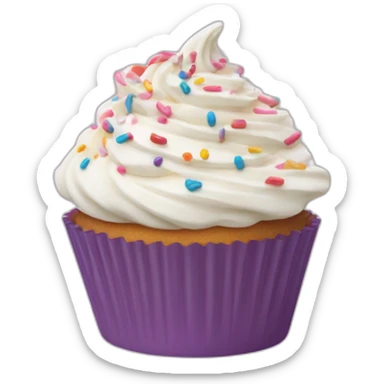 Individual cupcake in a liner topped with a swirl of frosting and sprinkles sticker