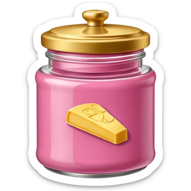 Una miniatura fotorrealista de un tarro de mantequilla corporal elegante, con una tapa dorada brillante. Una sola moneda de oro, pequeña y sutil, reposa al lado del tarro. Iluminación suave de estudio. Colores: rosa, terracota y dorado. Estilo: lujo en miniatura. sticker