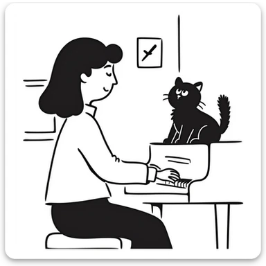 woman playing piano while her cat sits on top of the piano sticker