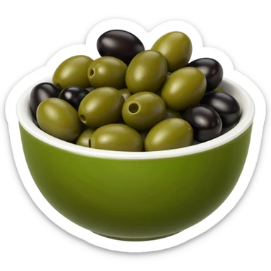 olives object icon, black and green olives in a small bowl, glossy look, 3D cartoon, mobile game icon style, clean background, no text, no watermark
 sticker