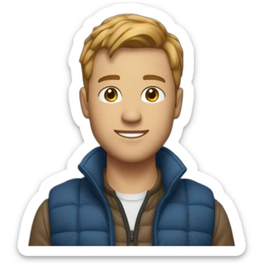 Finance bro with light brown short flow hair and puffer vest over blue shirt sticker