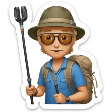 A rugged hiker adjusting hiking poles while preparing for a trek.


 sticker