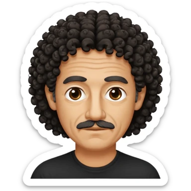 60 year old Greek man with short black curly frizzy thin hair that sticks up and has a black shirt sticker