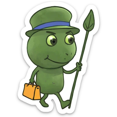 Person walking down the road with belongings in a bag tied to the endo of a stick sticker