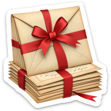A beautifully arranged Stack of aged letters, tied with a red ribbon, envelopes, corespondence, aesthetic, red flower petals around, mails sticker