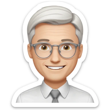 30 yr old pale white man, white/grey side swept stylish hair, round glasses, big smile, white teeth, handsome, longer hair, thin glasses, white dress shirt, smooth forehead, botox, no tie, open collar sticker