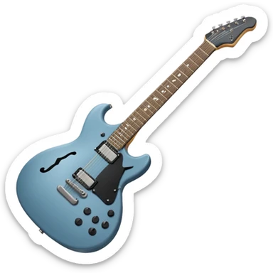 A gray-blue electric guitar with a black pick guard and only one volume knob, make the head tan sticker