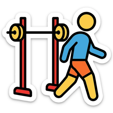 playful bold stylized icon of a person walking away from a squat rack, fitness context sticker
