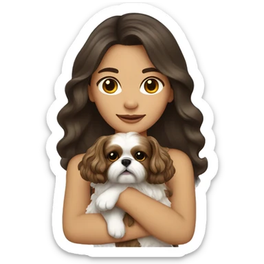 Young dark brunette medium kin hair woman with a golden shih tzu in her arms long wavy hair sticker