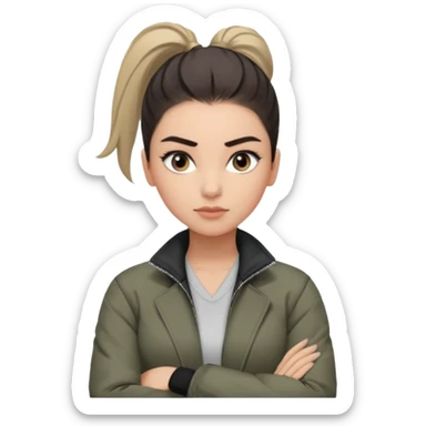 สีตาโทนสีเทาเท่ ๆ มีประกายคม

คิ้วได้รูป มองแล้วดูสตรอง

ผมหางม้าสูง / ผมสั้นสปอร์ต

เสื้อแจ็กเก็ต / ลุคสตรีทแฟชั่น

ท่าโพสกอดอก
ฟีล: Girl Boss, cool beauty, minimal but powerful sticker