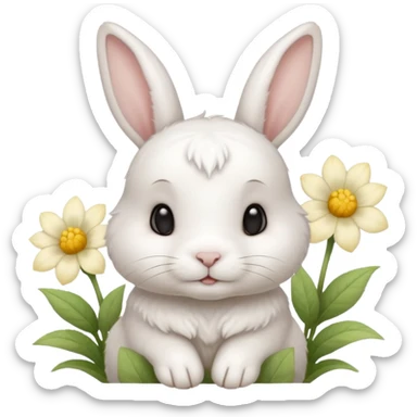 I want a cute white short haired rabbit with a light yellow flower on its ears sticker