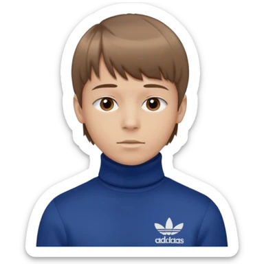 Crie um emoji de um menino com o cabelo castanho claro com uma franja reta e o corte low fade zumbi blusa de gola alta da adidas sticker