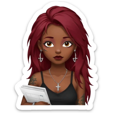 generate an ios genmoji of a girl with long dark red messy hair with eyeliner on her eyes.  septum piercing, wearing a cami black top, has tattoos, on shoulders. ear piercings. wearing a cross silver necklace. carrying a tote bag on her shoulders with chart paper peeking out. sticker