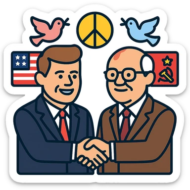 John F. Kennedy and Mikhail Gorbachev side by side, smiling, shaking hands, small peace symbol and doves, US and USSR flags as accents, friendly diplomatic atmosphere sticker