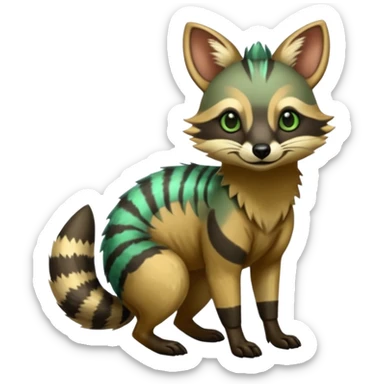 Shiny Green Colorful Dusky Dark Gloomy Glossy Aardwolf-Maned-Numbat-Tanuki-Genet-Bobcat-fusion-animal-hybrid-creature, full body sticker