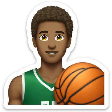 Afro light-skinned muscular male teenager in a green basketball uniform holding a basketball.  sticker