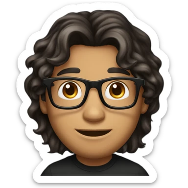 Caramel smiling man, dark brown eyes, black long wavy hair, no facial hair, thin and long nose, round glasses, black t shirt sticker