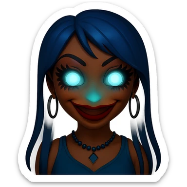 Add glowing eyes to the character, keep the creepy gyaru style with blue hair and pretty makeup, bratz baddie vibe, in emoji style with no background. sticker