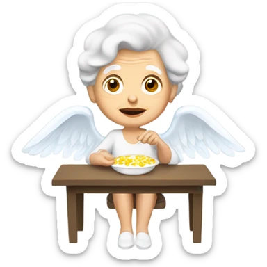 Elderly white lady angel with brown hair eating scrambled eggs  sticker